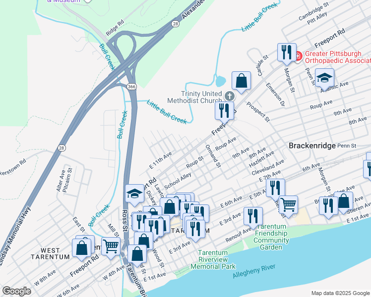 map of restaurants, bars, coffee shops, grocery stores, and more near 1009 Summit Street in Tarentum