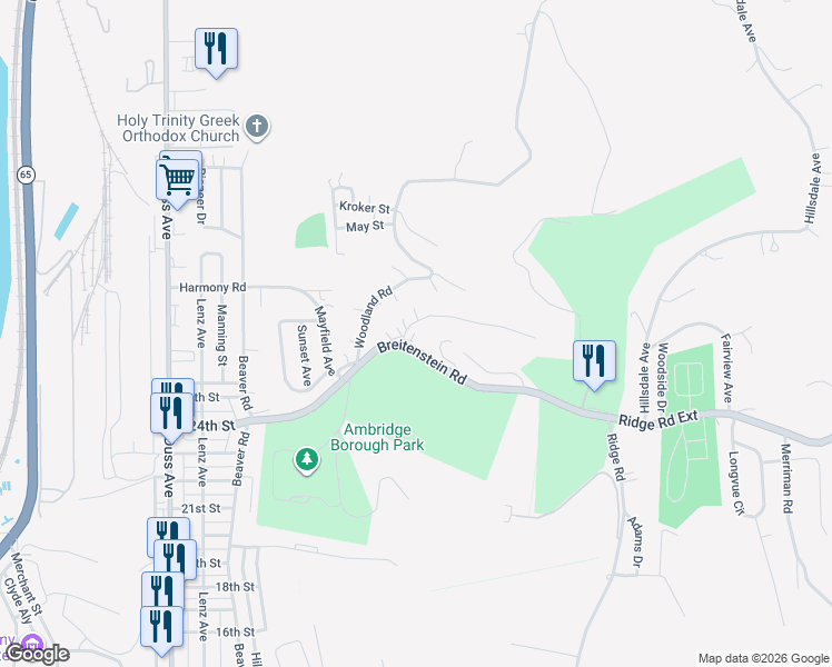 map of restaurants, bars, coffee shops, grocery stores, and more near 1205 Breitenstein Road in Ambridge