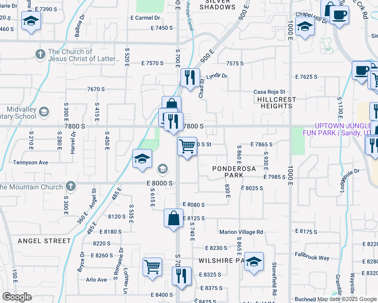 map of restaurants, bars, coffee shops, grocery stores, and more near 7873 South 700 East in Sandy