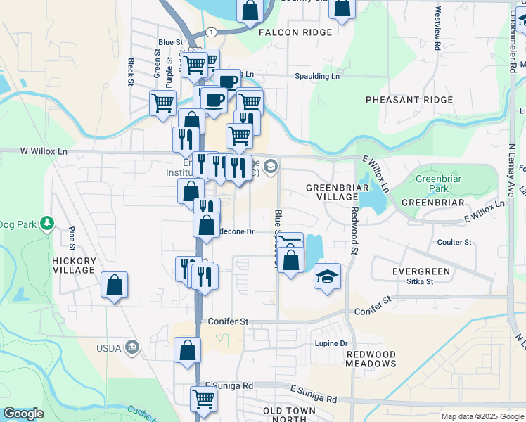 map of restaurants, bars, coffee shops, grocery stores, and more near 1525 Blue Spruce Drive in Fort Collins
