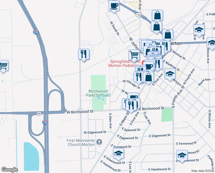 map of restaurants, bars, coffee shops, grocery stores, and more near 501 South Glen Avenue in Morton