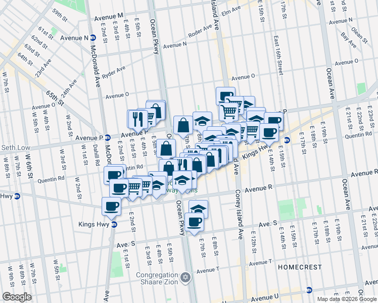 map of restaurants, bars, coffee shops, grocery stores, and more near 1746 East 7th Street in Brooklyn