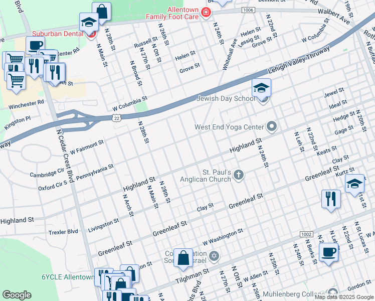 map of restaurants, bars, coffee shops, grocery stores, and more near 1130 North Ott Street in Allentown