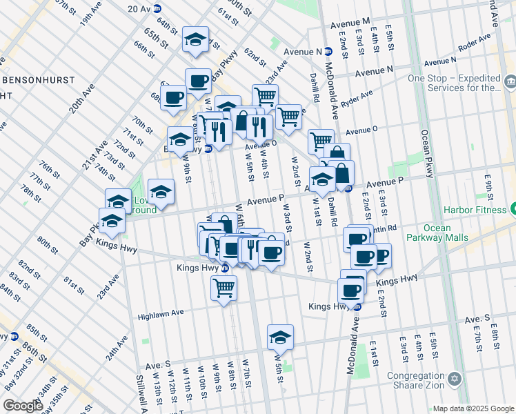 map of restaurants, bars, coffee shops, grocery stores, and more near 1601 West 5th Street in Brooklyn