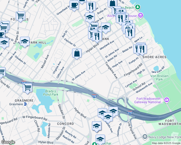 map of restaurants, bars, coffee shops, grocery stores, and more near 28 Wagner Street in Staten Island