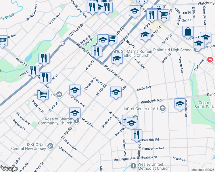 map of restaurants, bars, coffee shops, grocery stores, and more near 637 West 7th Street in Plainfield
