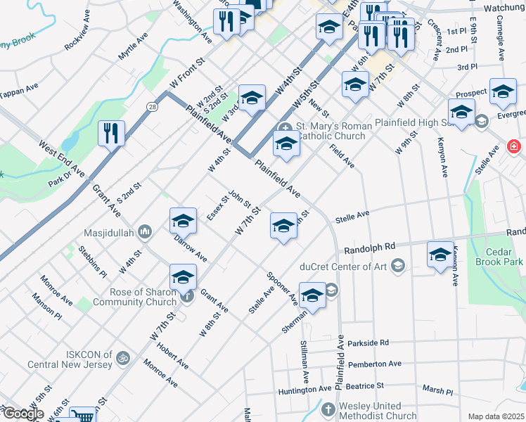 map of restaurants, bars, coffee shops, grocery stores, and more near 637 West 7th Street in Plainfield