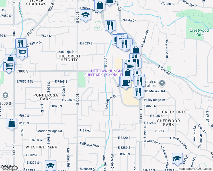 map of restaurants, bars, coffee shops, grocery stores, and more near 7897 South 1150 East in Sandy