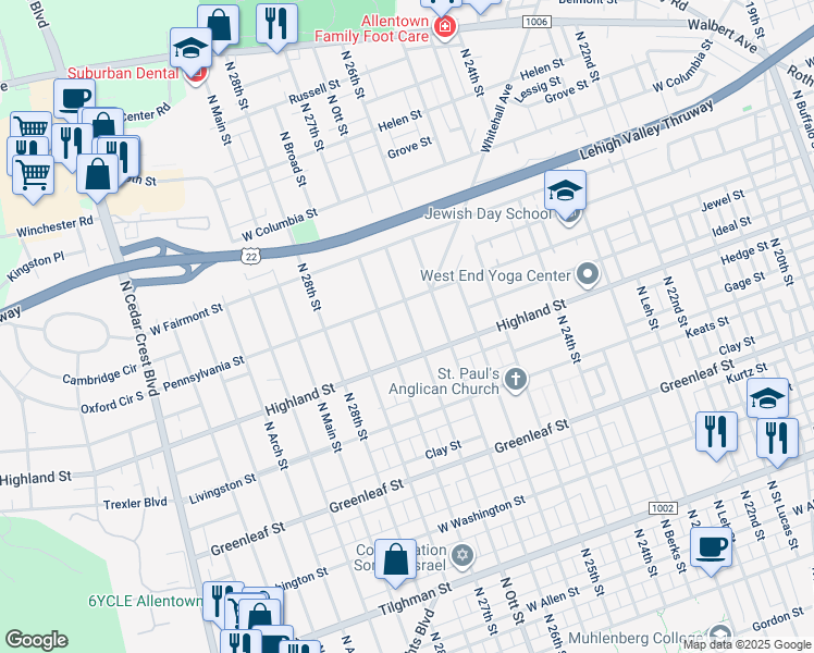 map of restaurants, bars, coffee shops, grocery stores, and more near 1130 North Ott Street in Allentown