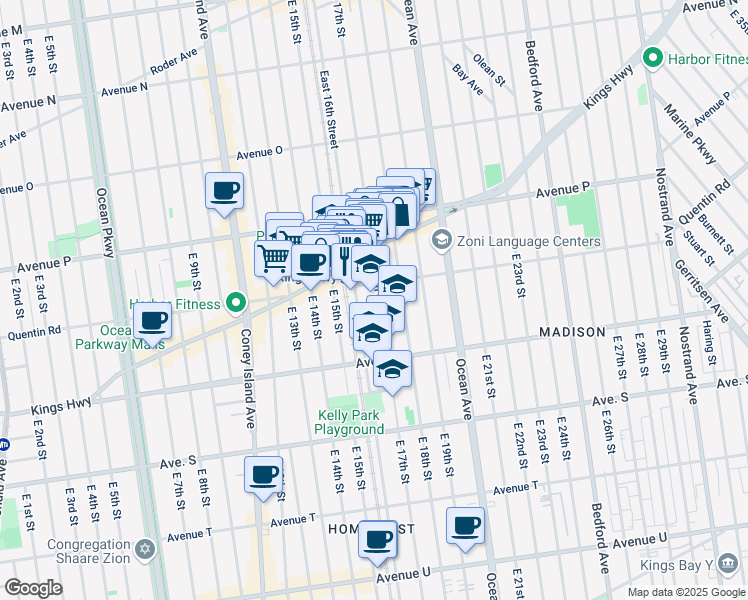 map of restaurants, bars, coffee shops, grocery stores, and more near 1719 East 17th Street in Brooklyn