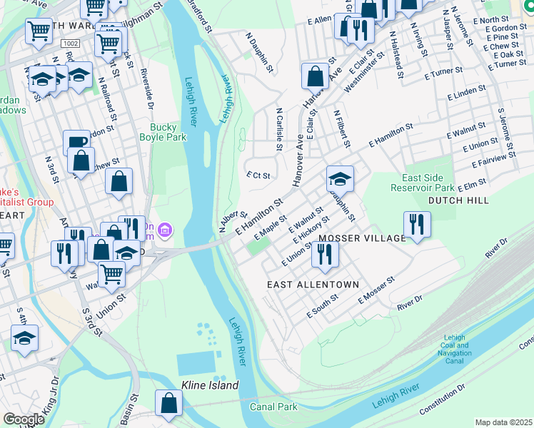 map of restaurants, bars, coffee shops, grocery stores, and more near 220 East Hamilton Street in Allentown