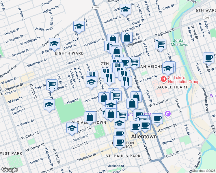 map of restaurants, bars, coffee shops, grocery stores, and more near 424 8th Street in Allentown