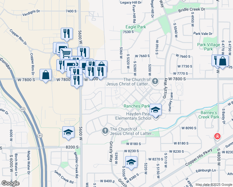 map of restaurants, bars, coffee shops, grocery stores, and more near 5408 West 7900 South in West Jordan
