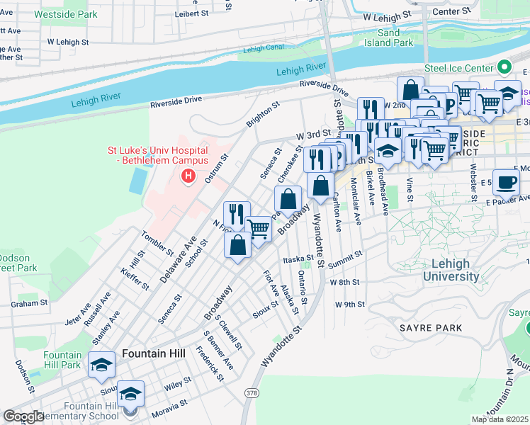 map of restaurants, bars, coffee shops, grocery stores, and more near 701 Cherokee Street in Bethlehem