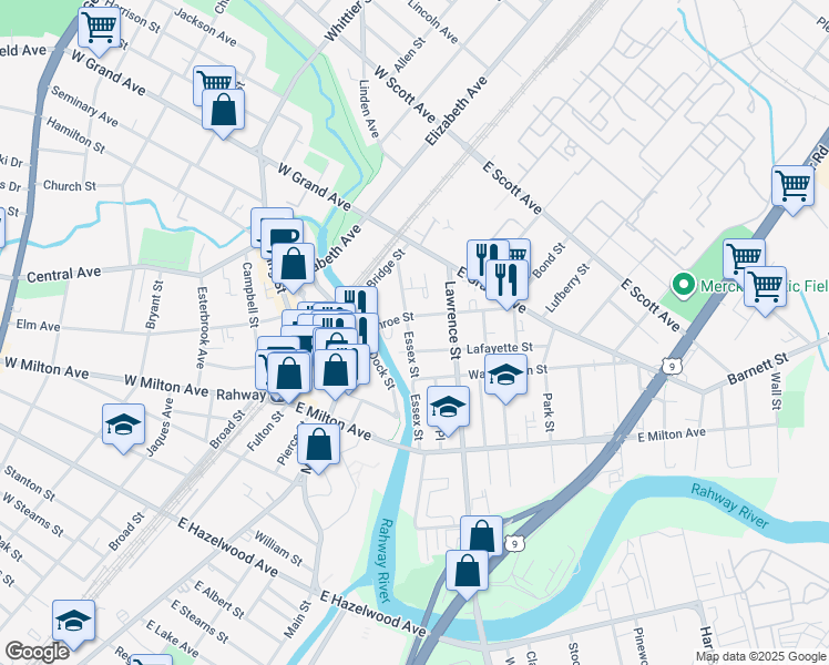 map of restaurants, bars, coffee shops, grocery stores, and more near 1657 Essex Street in Rahway