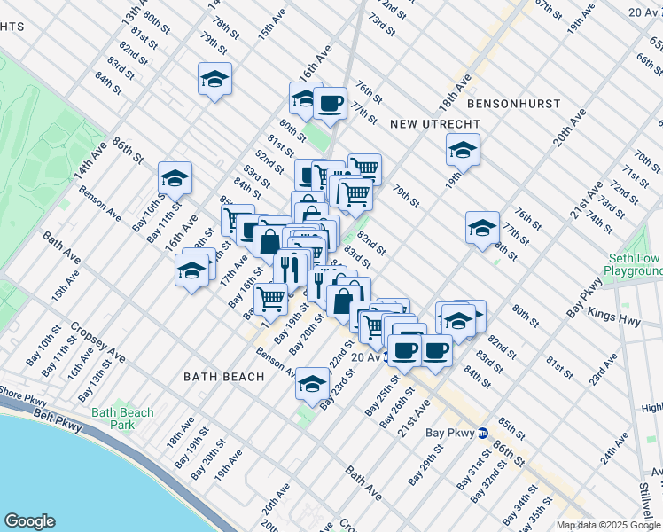 map of restaurants, bars, coffee shops, grocery stores, and more near 1828 84th Street in Brooklyn