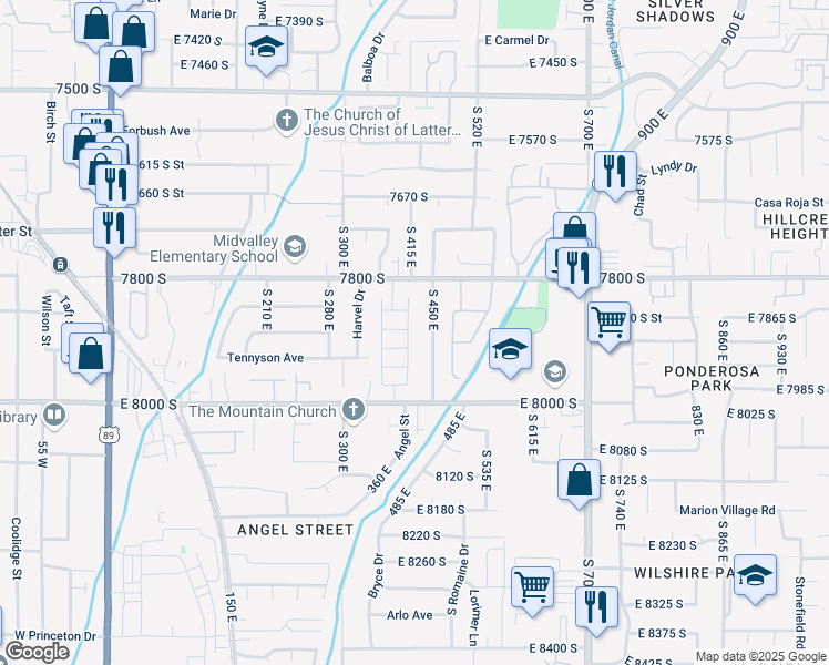 map of restaurants, bars, coffee shops, grocery stores, and more near 7887 Farm Wood Lane in Midvale