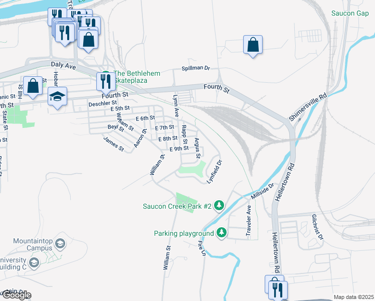 map of restaurants, bars, coffee shops, grocery stores, and more near 1612 East 9th Street in Bethlehem