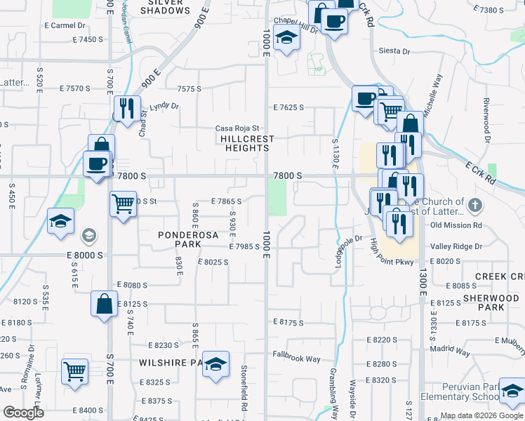 map of restaurants, bars, coffee shops, grocery stores, and more near 7890 South 1035 East in Sandy