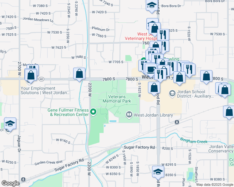 map of restaurants, bars, coffee shops, grocery stores, and more near Veterans Memorial Parkway in West Jordan