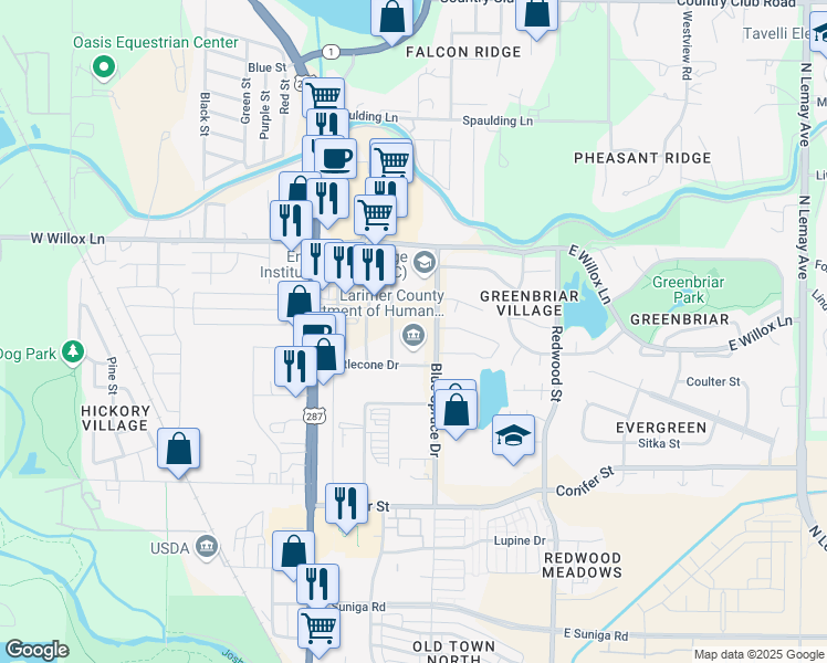 map of restaurants, bars, coffee shops, grocery stores, and more near 1525 Blue Spruce Drive in Fort Collins