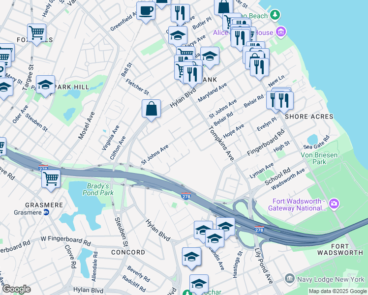 map of restaurants, bars, coffee shops, grocery stores, and more near 28 Wagner Street in Staten Island