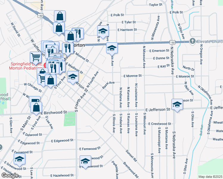 map of restaurants, bars, coffee shops, grocery stores, and more near 216 North Illinois Avenue in Morton