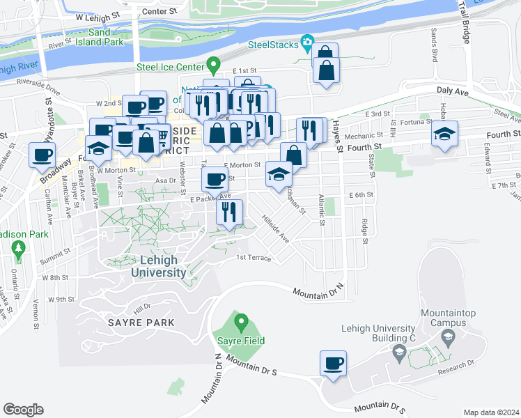 map of restaurants, bars, coffee shops, grocery stores, and more near 555 Hillside Avenue in Bethlehem