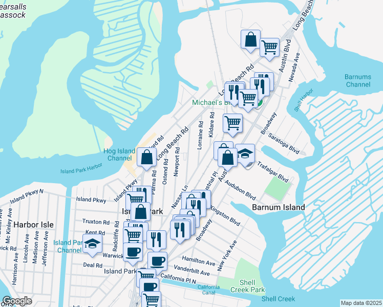 map of restaurants, bars, coffee shops, grocery stores, and more near 53 Marina Road in Island Park