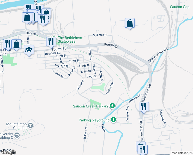 map of restaurants, bars, coffee shops, grocery stores, and more near 1614 East 9th Street in Bethlehem