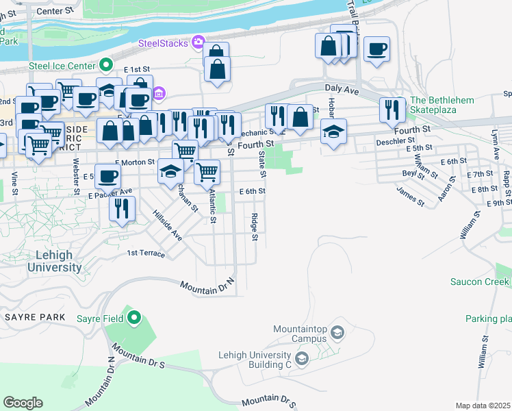 map of restaurants, bars, coffee shops, grocery stores, and more near 619 Ridge Street in Bethlehem