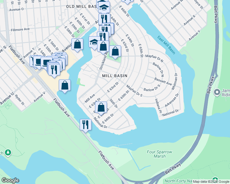 map of restaurants, bars, coffee shops, grocery stores, and more near 2641 East 64th Street in Brooklyn