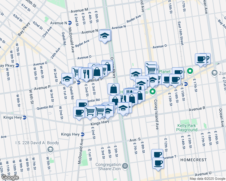 map of restaurants, bars, coffee shops, grocery stores, and more near 1664 Ocean Parkway in Brooklyn