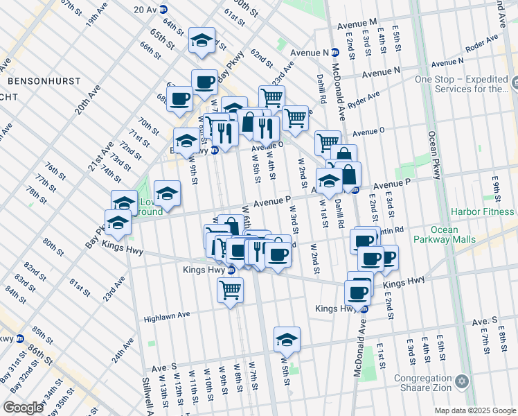 map of restaurants, bars, coffee shops, grocery stores, and more near 1601 West 5th Street in Brooklyn