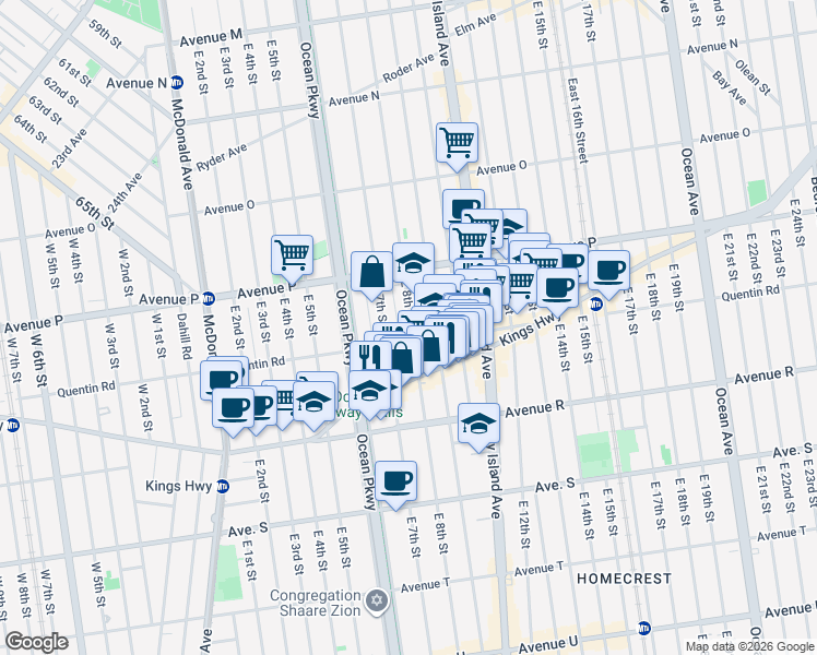 map of restaurants, bars, coffee shops, grocery stores, and more near 1668 East 8th Street in Brooklyn