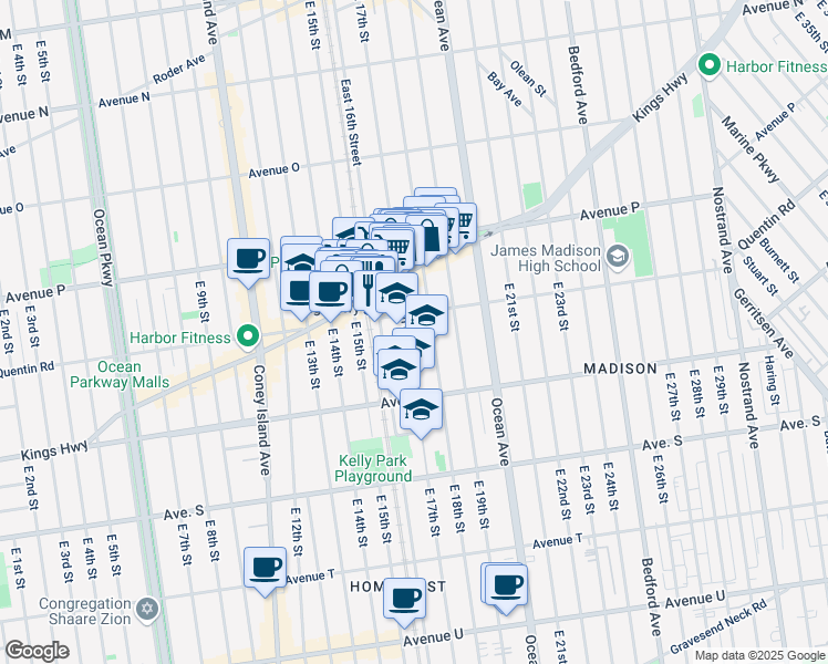map of restaurants, bars, coffee shops, grocery stores, and more near 1719 East 17th Street in Brooklyn