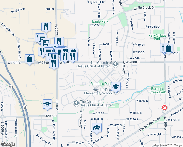 map of restaurants, bars, coffee shops, grocery stores, and more near 5335 Ranches Loop Road in West Jordan