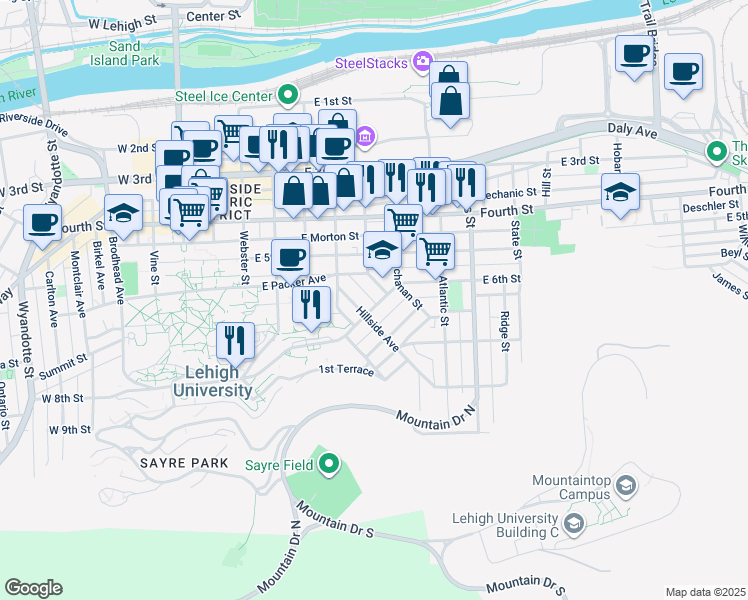 map of restaurants, bars, coffee shops, grocery stores, and more near 567 Hillside Avenue in Bethlehem