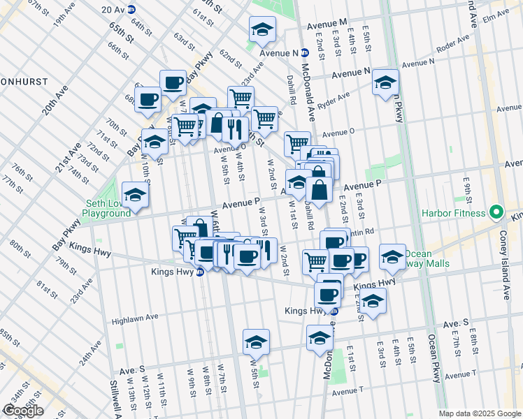 map of restaurants, bars, coffee shops, grocery stores, and more near 1614 W 3rd St in Brooklyn