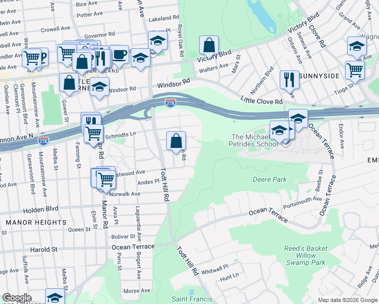 map of restaurants, bars, coffee shops, grocery stores, and more near 30 Motley Avenue in Staten Island