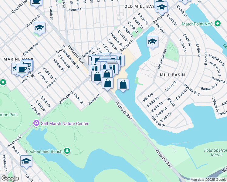 map of restaurants, bars, coffee shops, grocery stores, and more near 2575 Flatbush Avenue in Brooklyn