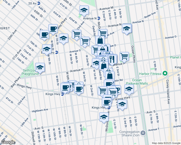 map of restaurants, bars, coffee shops, grocery stores, and more near 1617 West 2nd Street in Brooklyn