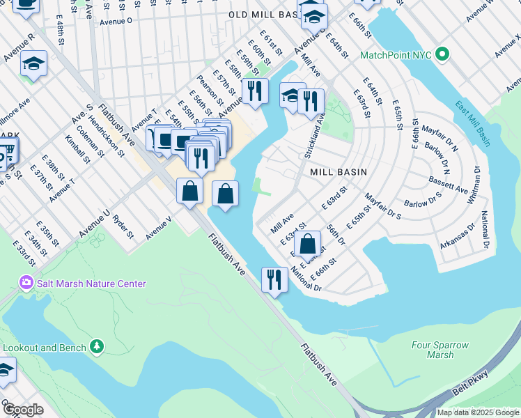 map of restaurants, bars, coffee shops, grocery stores, and more near 5905 Strickland Avenue in Brooklyn