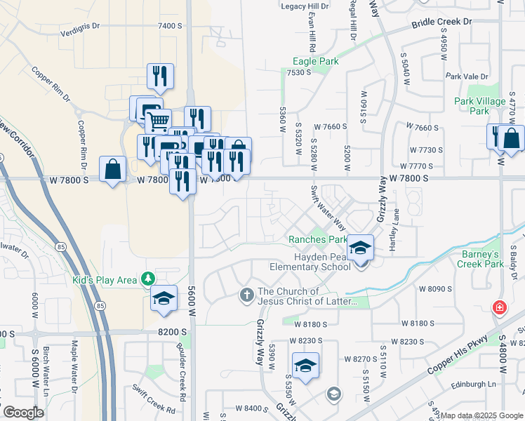 map of restaurants, bars, coffee shops, grocery stores, and more near 7877 South 5440 West in West Jordan
