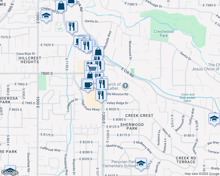 map of restaurants, bars, coffee shops, grocery stores, and more near 7885 Manzano Drive in Sandy