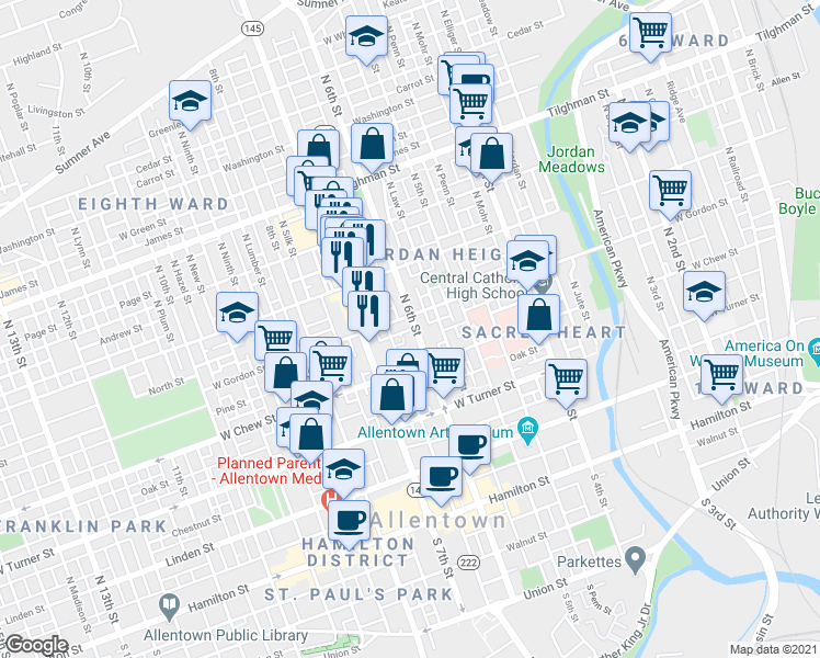 map of restaurants, bars, coffee shops, grocery stores, and more near 338 North 6th Street in Allentown