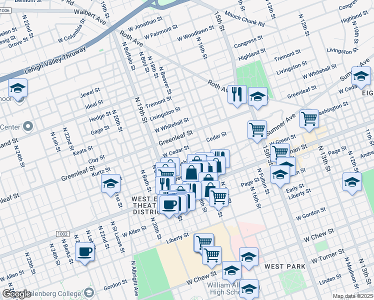 map of restaurants, bars, coffee shops, grocery stores, and more near 821 North 18th Street in Allentown