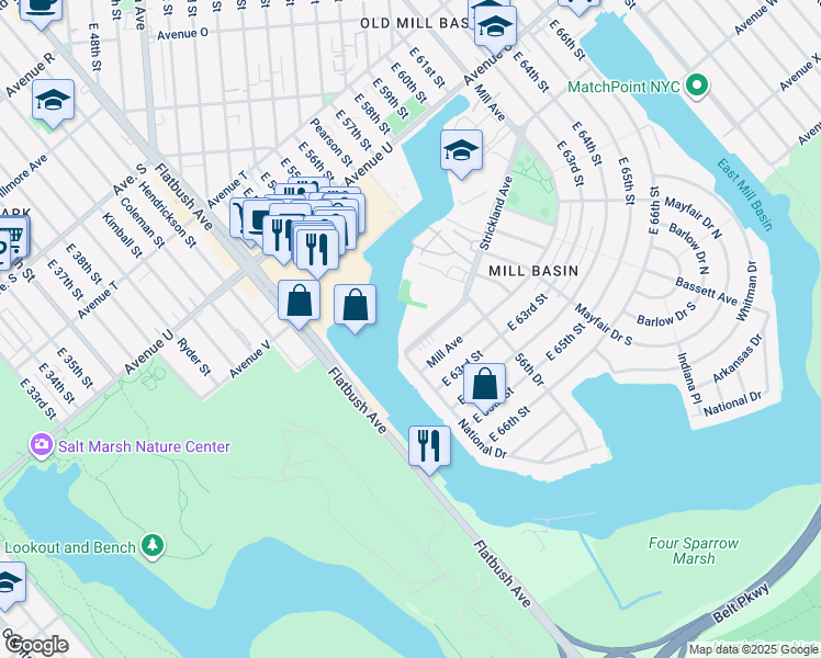 map of restaurants, bars, coffee shops, grocery stores, and more near 5905 Strickland Avenue in Brooklyn