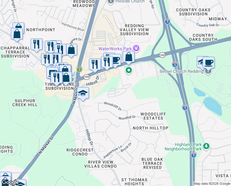 map of restaurants, bars, coffee shops, grocery stores, and more near 75 Erickson Way in Redding
