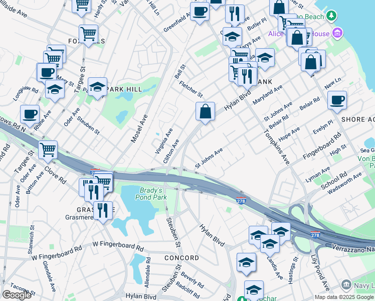 map of restaurants, bars, coffee shops, grocery stores, and more near 478 Hylan Boulevard in Staten Island